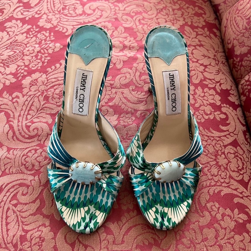 Jimmy Choo Green and White Heeled Sandals with Tropical Print - Picture 2 of 4